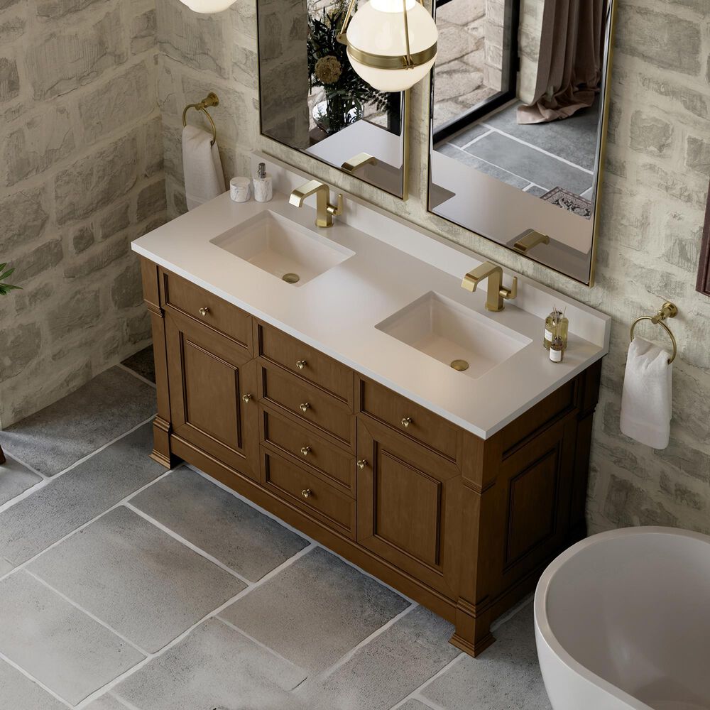James Martin Vanities Brookfield 60&quot; Double Bathroom Vanity in Honey Oak with Single Hole 3 cm White Zeus Quartz Top and Rectangular Sinks, , large