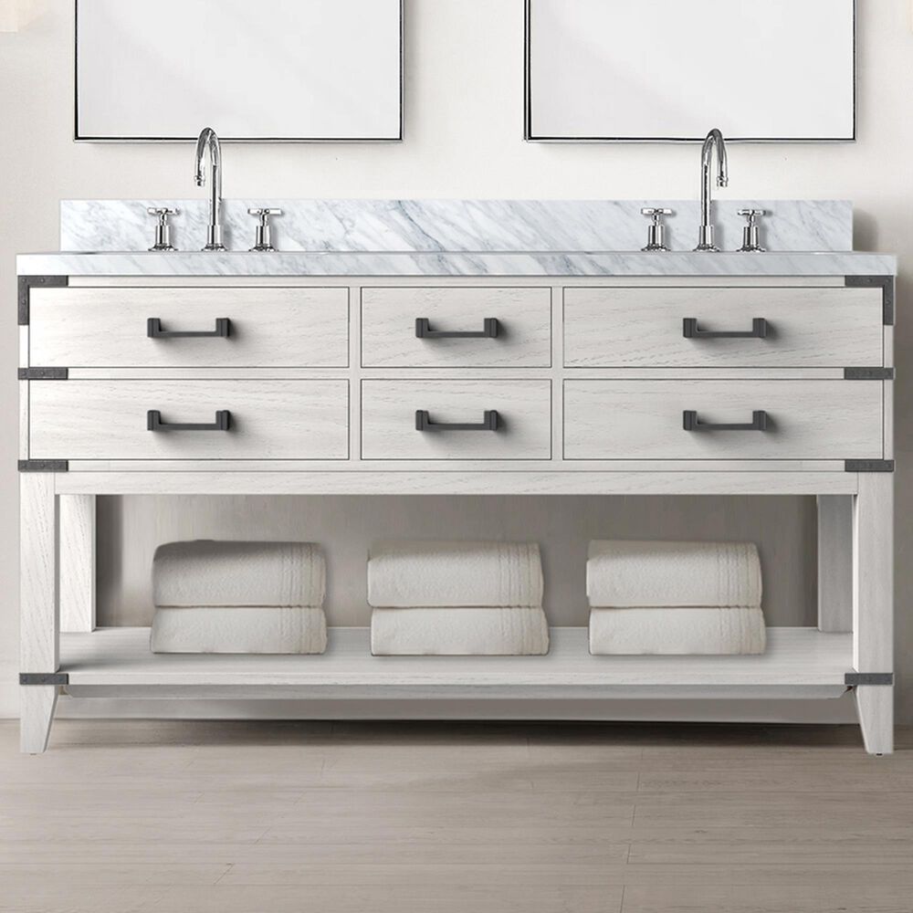 Lexora Home Norwalk 60&quot; Double Bathroom Vanity in White Oak with White Carrara Marble Top  and Rectangle Sink, , large