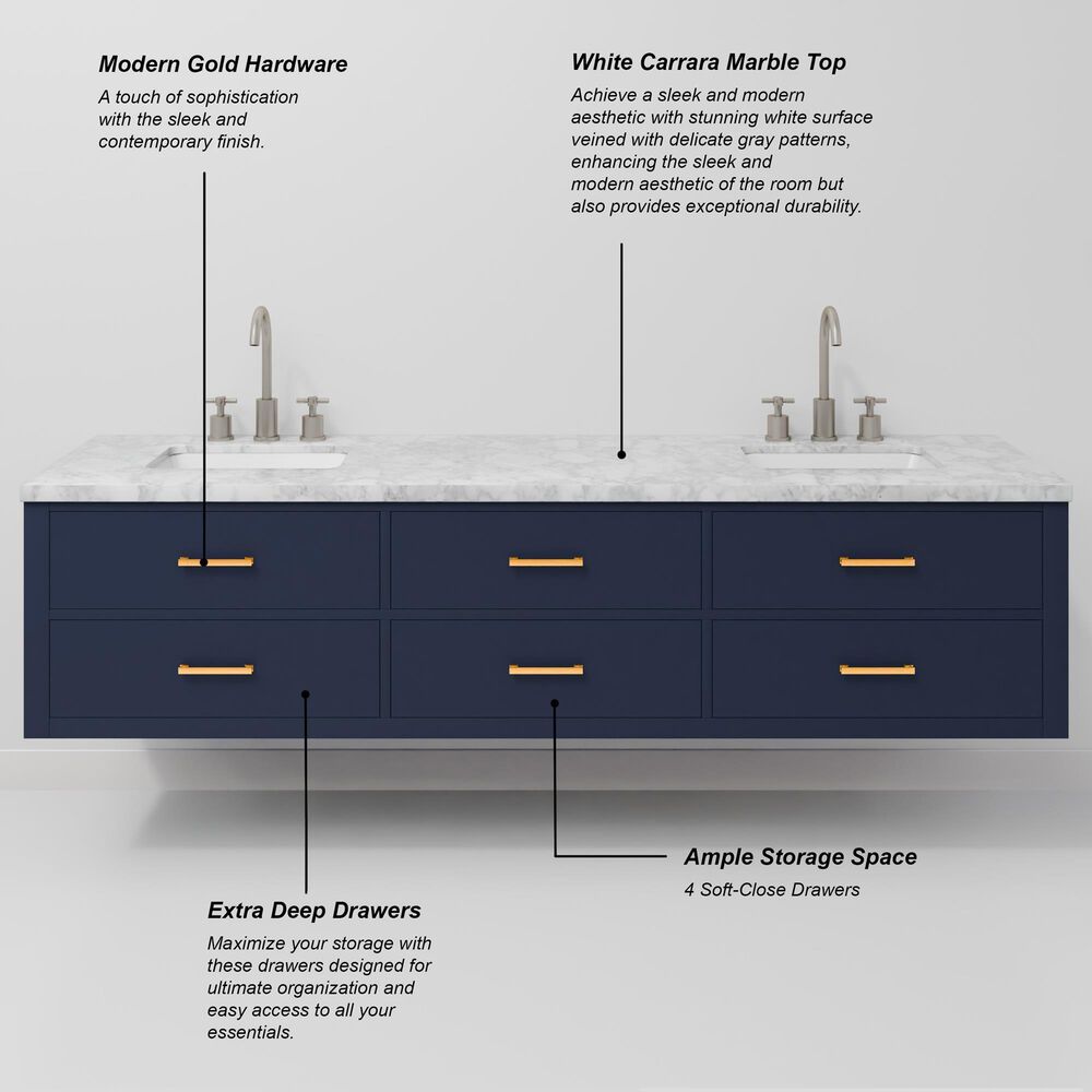 Lexora Home Castor 80" Double Bathroom Vanity in Blue with 2 cm White Carrara Marble Top and Rectangular Sinks, , large