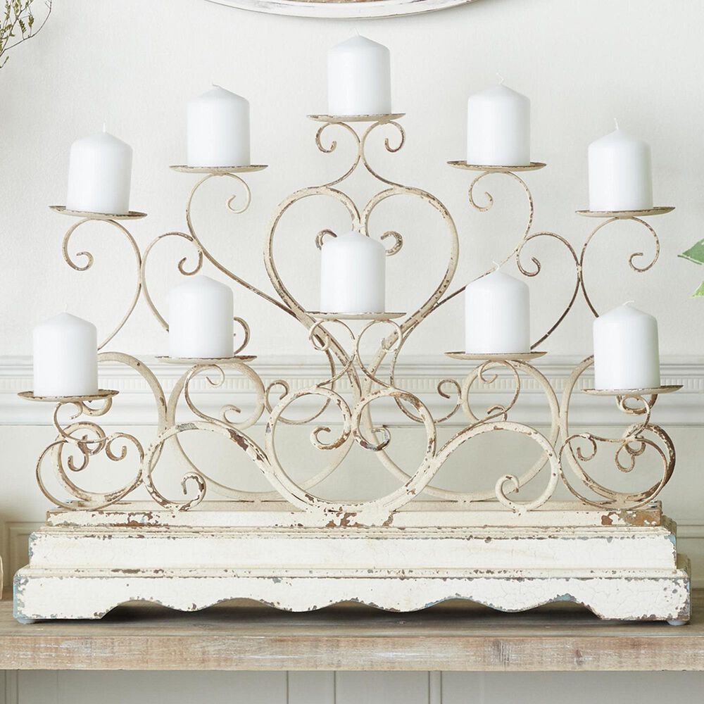 Maple and Jade Pillar 10-Plate Scroll Candelabra in Distressed White, , large