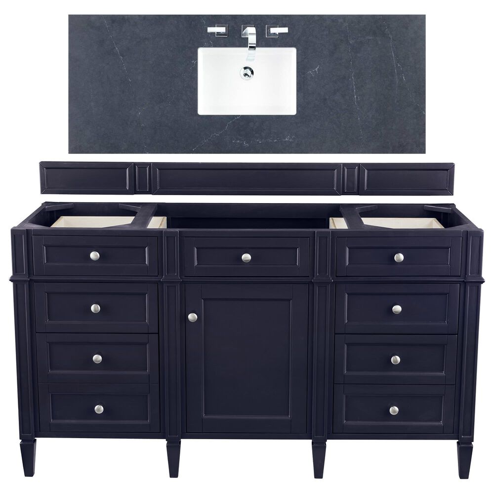 James Martin Vanities Brittany 60" Single Bathroom Vanity in Victory Blue with 3 cm Charcoal Soapstone Quartz Top and Rectangle Sink, , large