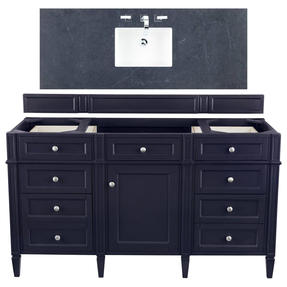 James Martin Vanities Brittany 60" Single Bathroom Vanity in Victory Blue with 3 cm Charcoal Soapstone Quartz Top and Rectangle Sink, , large