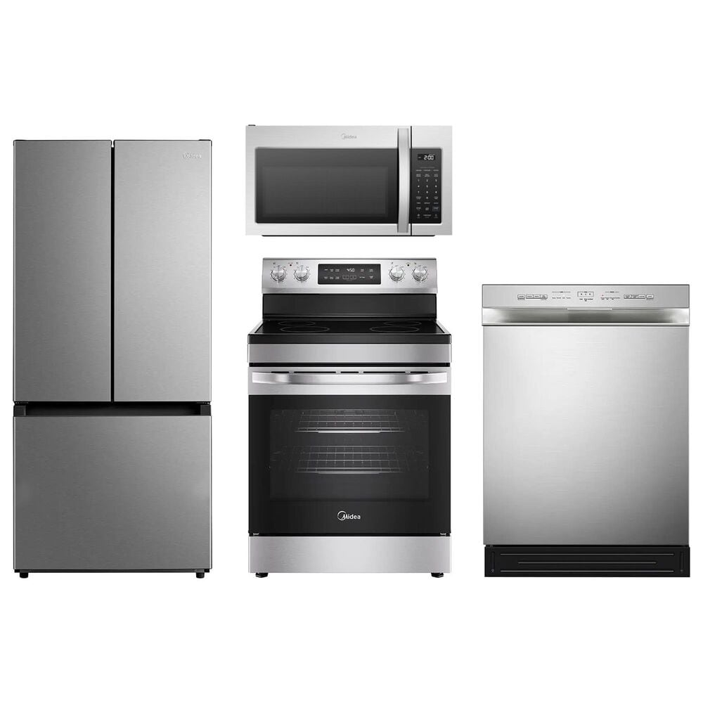 Midea 4-Piece Kitchen Package with 18.4 Cu. Ft. French Door Refrigerator and 6.3 Cu. Ft. 4-Element Freestanding Electric Range in Stainless Steel, , large
