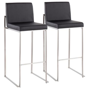 Lumisource Fuji High Back Barstool with Black Faux Leather in Stainless Steel (Set of 2), , large