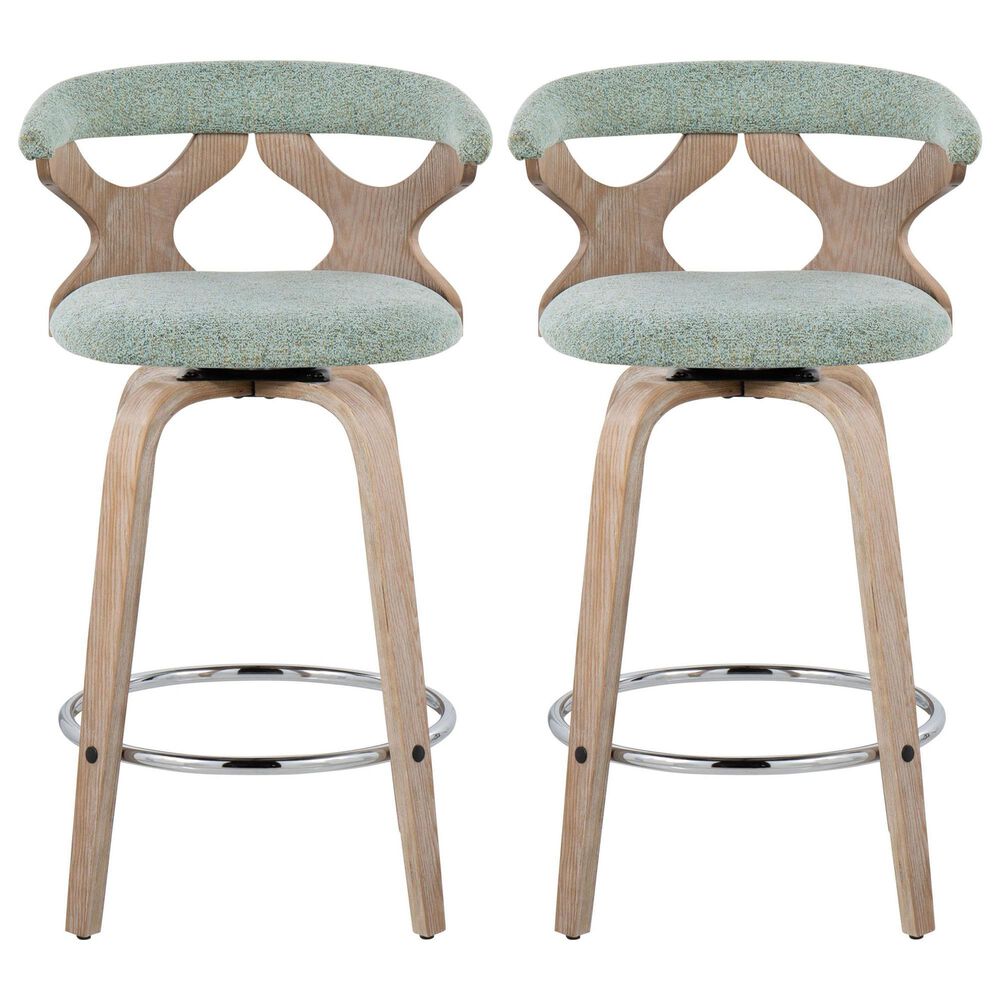 LumiSource Gardenia Swivel Fixed-Height Counter Stool with Seafoam Green Fabric Upholstery in Chrome and Whitewashed (Set of 2), , large