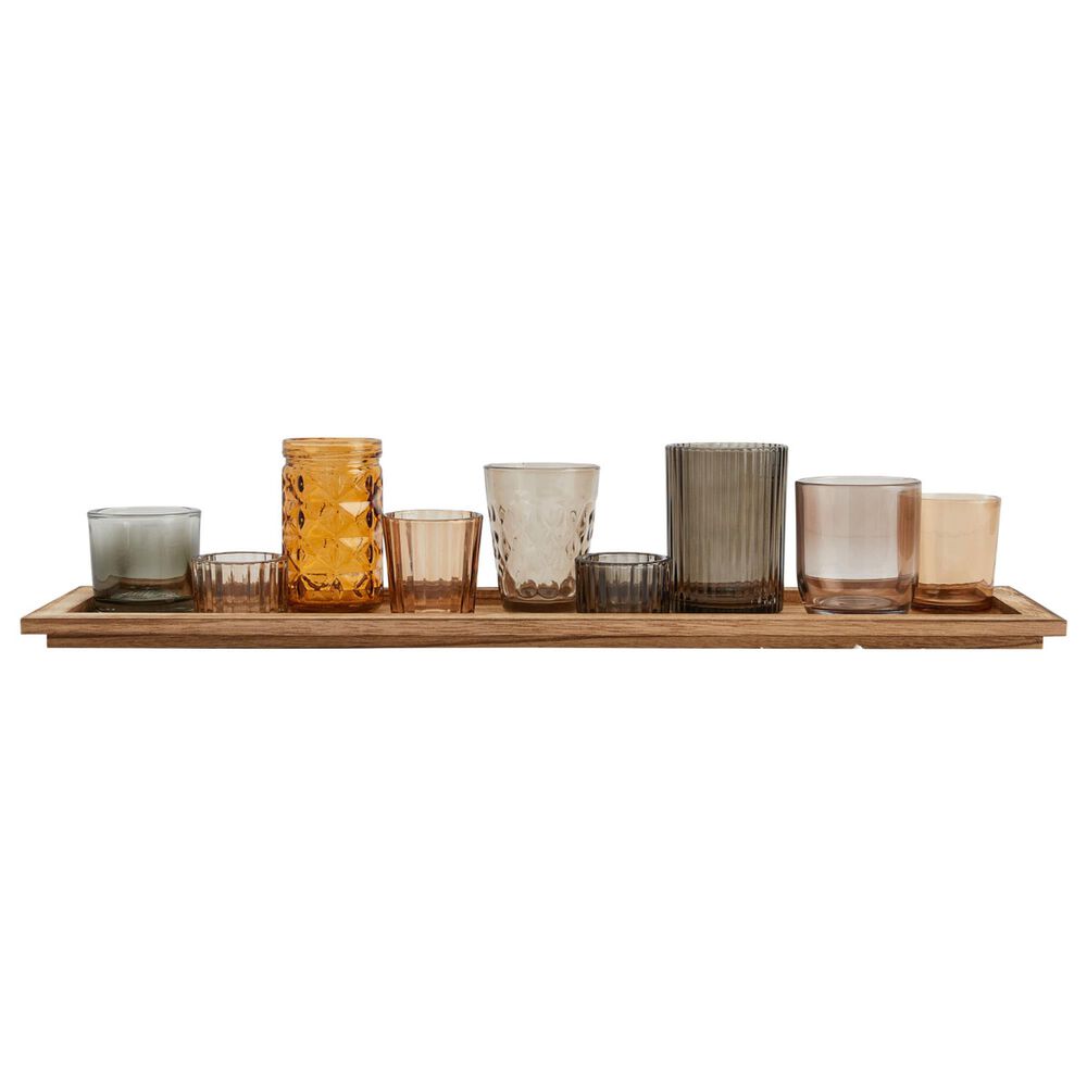 Creative Coop 10-Piece Wood Tray with 9 Glass Votive Holder Set in Brown, , large