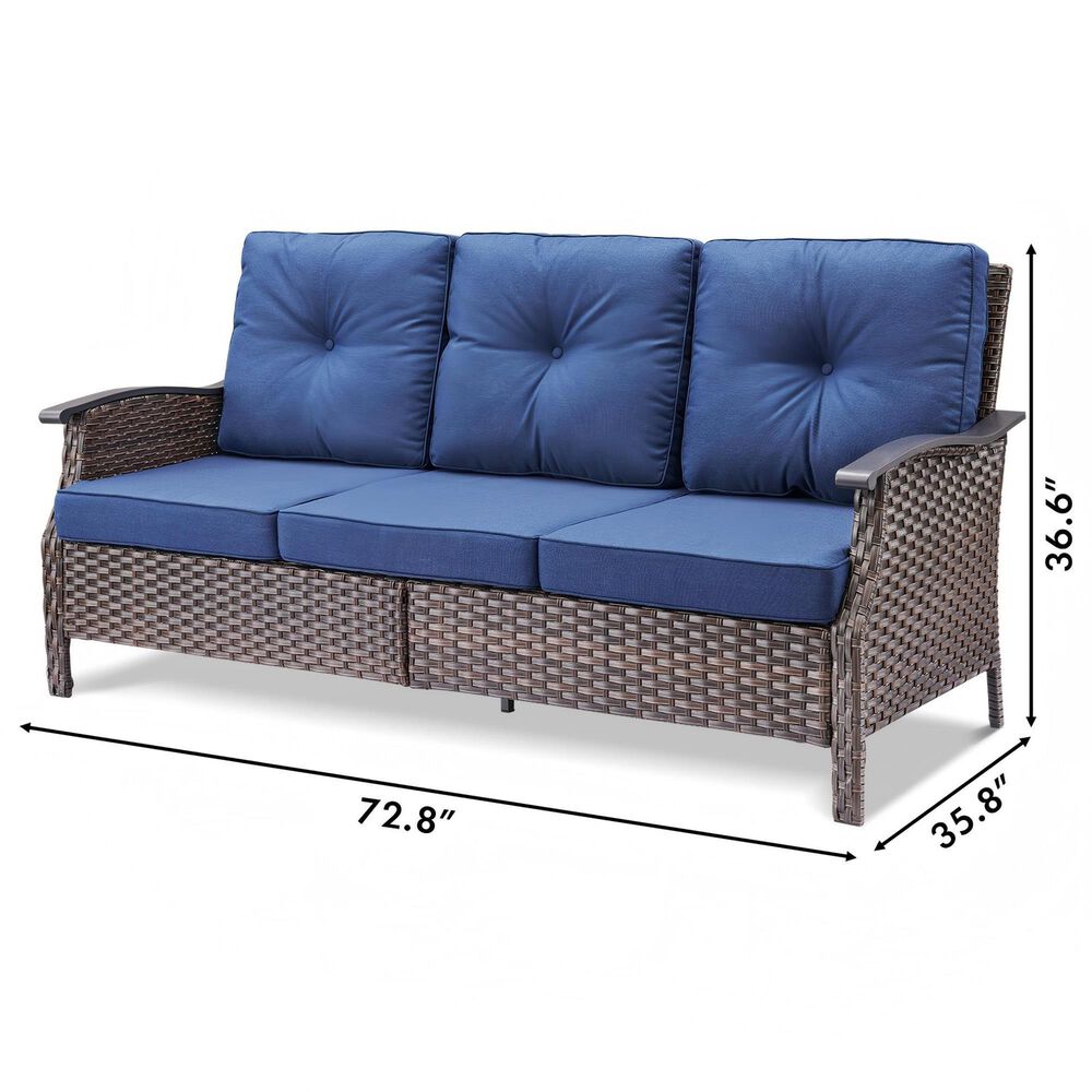 Sunwell Garden 37"H 3-Seater Outdoor Sofa with Wide Armrests and Navy Cushions in Brown, , large