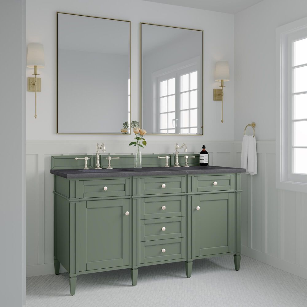 James Martin Vanities Brittany 60&quot; Double Bathroom Vanity in Smokey Celadon with 3 cm Charcoal Soapstone Quartz Top and Rectangular Sinks, , large