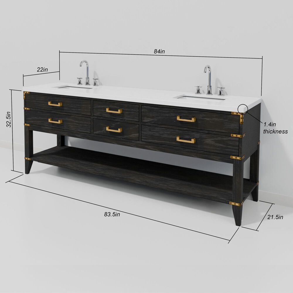 Lexora Home Norwalk 84&quot; Double Bathroom Vanity in Black Oak with White Quartz Top and Rectangular Sinks, , large