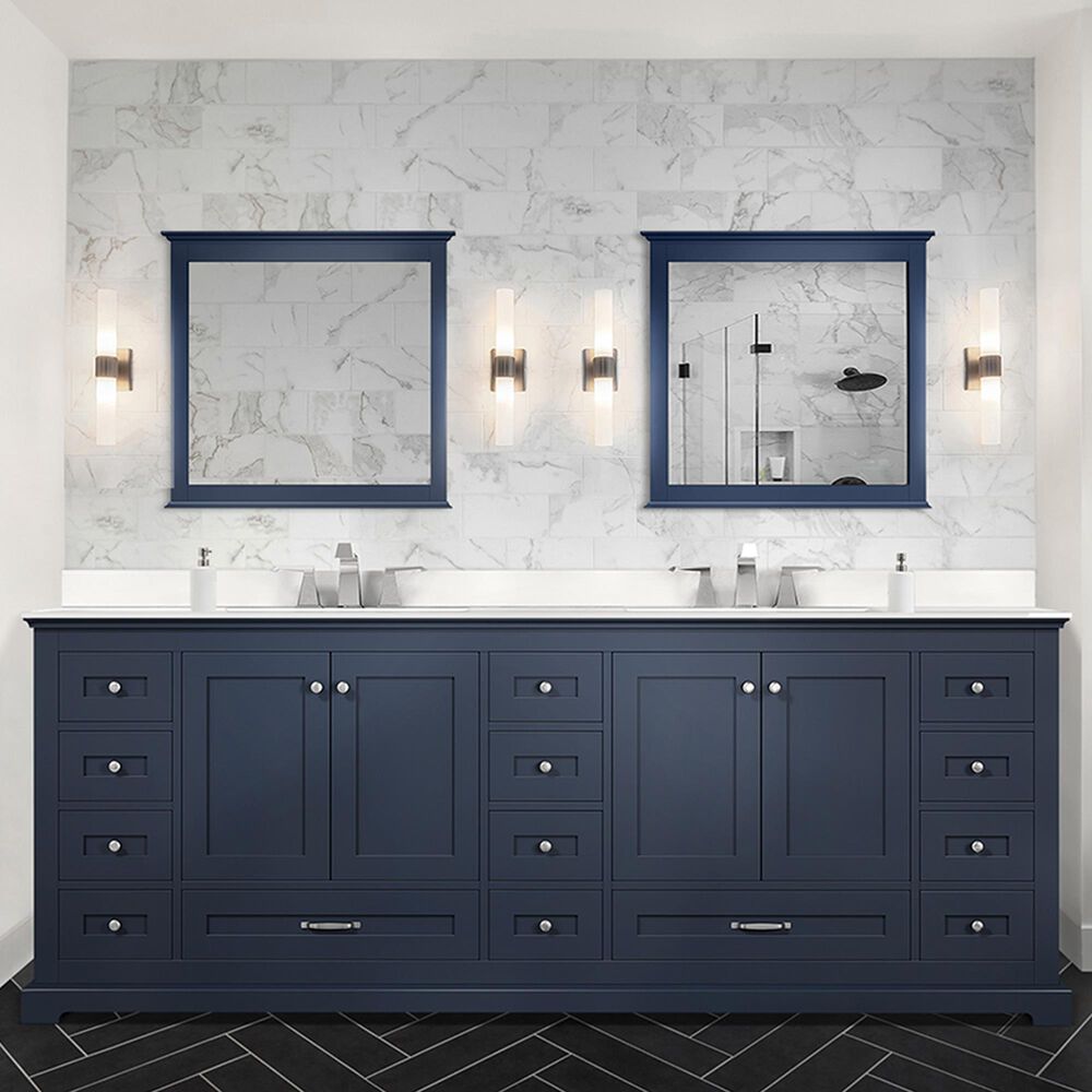 Lexora Home Dukes 84&quot; Double Bathroom Vanity in Navy Blue with 2 cm White Cultured Marble Top and Rectangular Sinks, , large