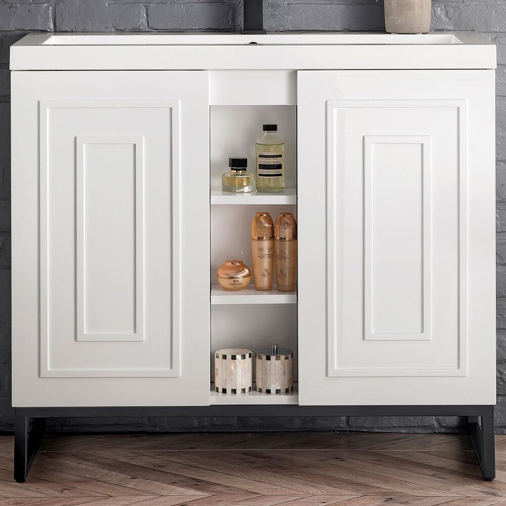 James Martin Vanities Alicante 39.5&quot; Single Bathroom Vanity in Glossy White and Matte Black with 5 cm White Glossy Resin Top and Rectangular Sink, , large