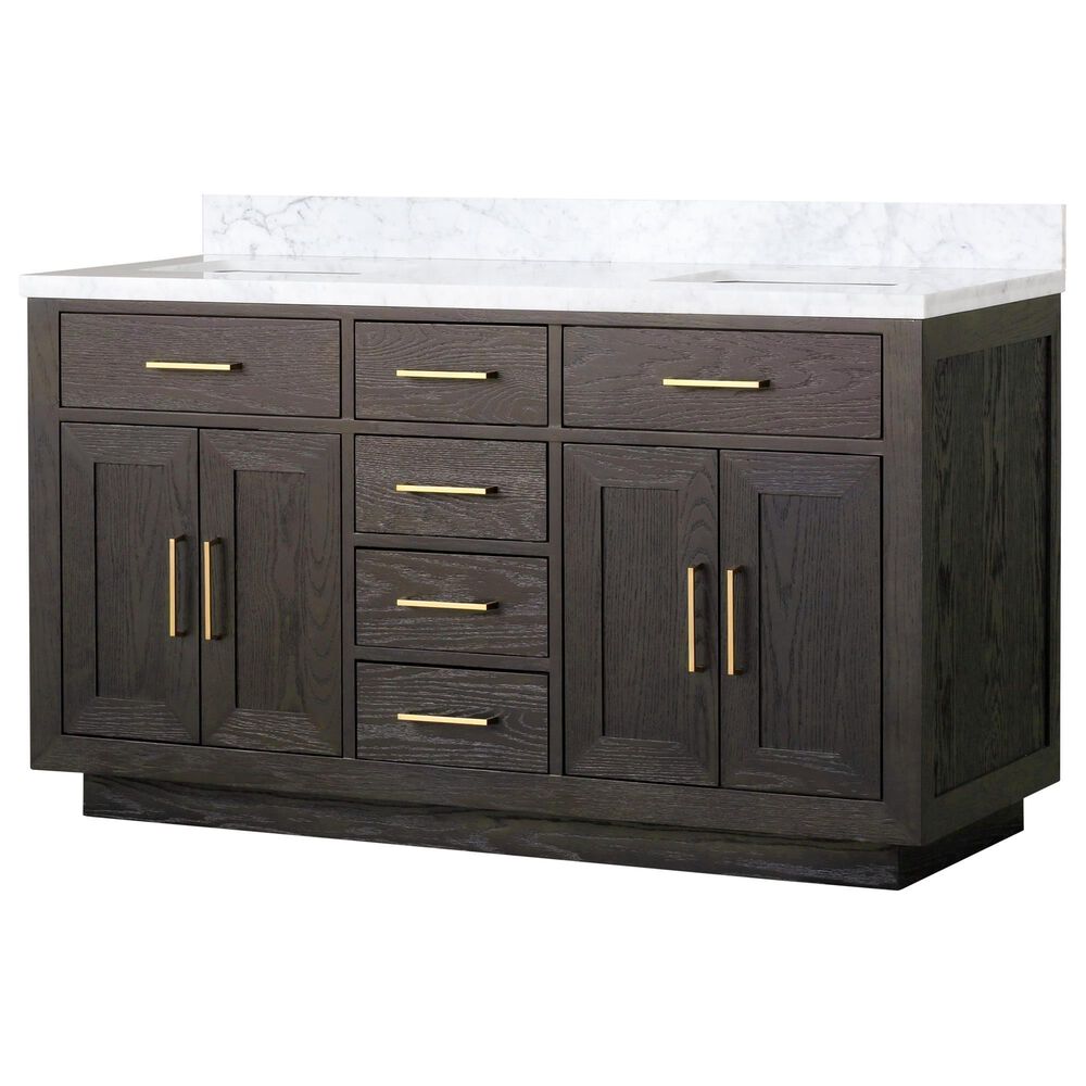 Lexora Home Abbey 60" Double Bathroom Vanity in Brown Oak with 2 cm White Carrara Marble Top and Rectangular Sinks, , large