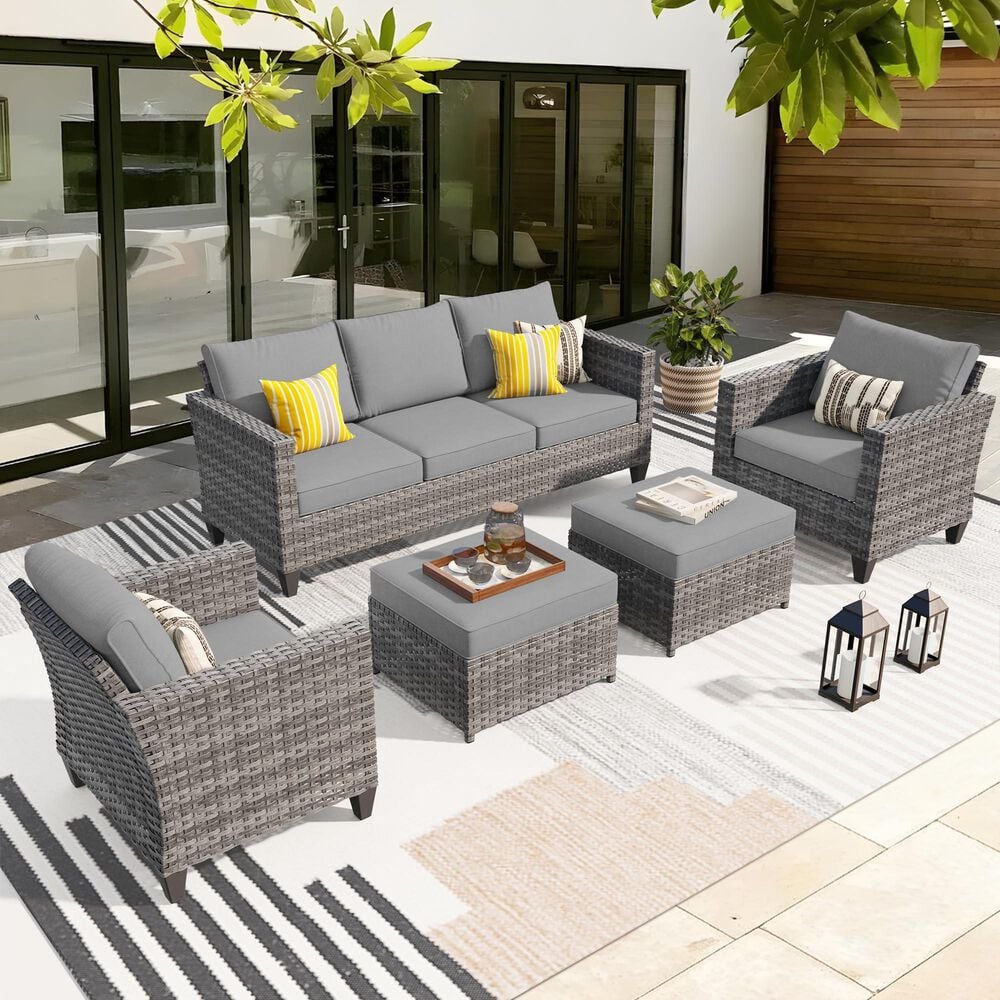 HOMLUX 5-Piece Outdoor Wicker Patio Furniture Set, High Back Rattan Sofa with Chairs, Ottomans & Cushions in Dark Gray, , large