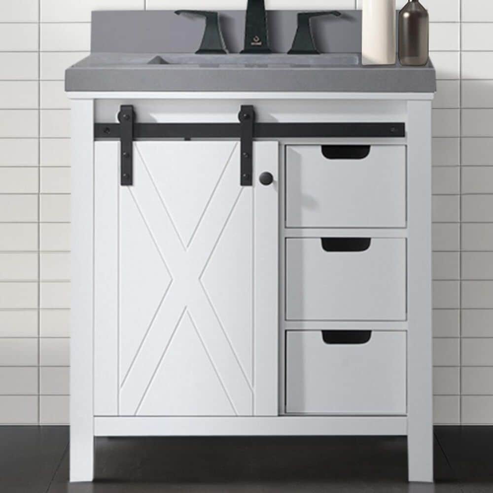 Lexora Home Marsyas 30&quot; Single Bathroom Vanity in White with Grey Quartz Top and Rectangular Sink, , large