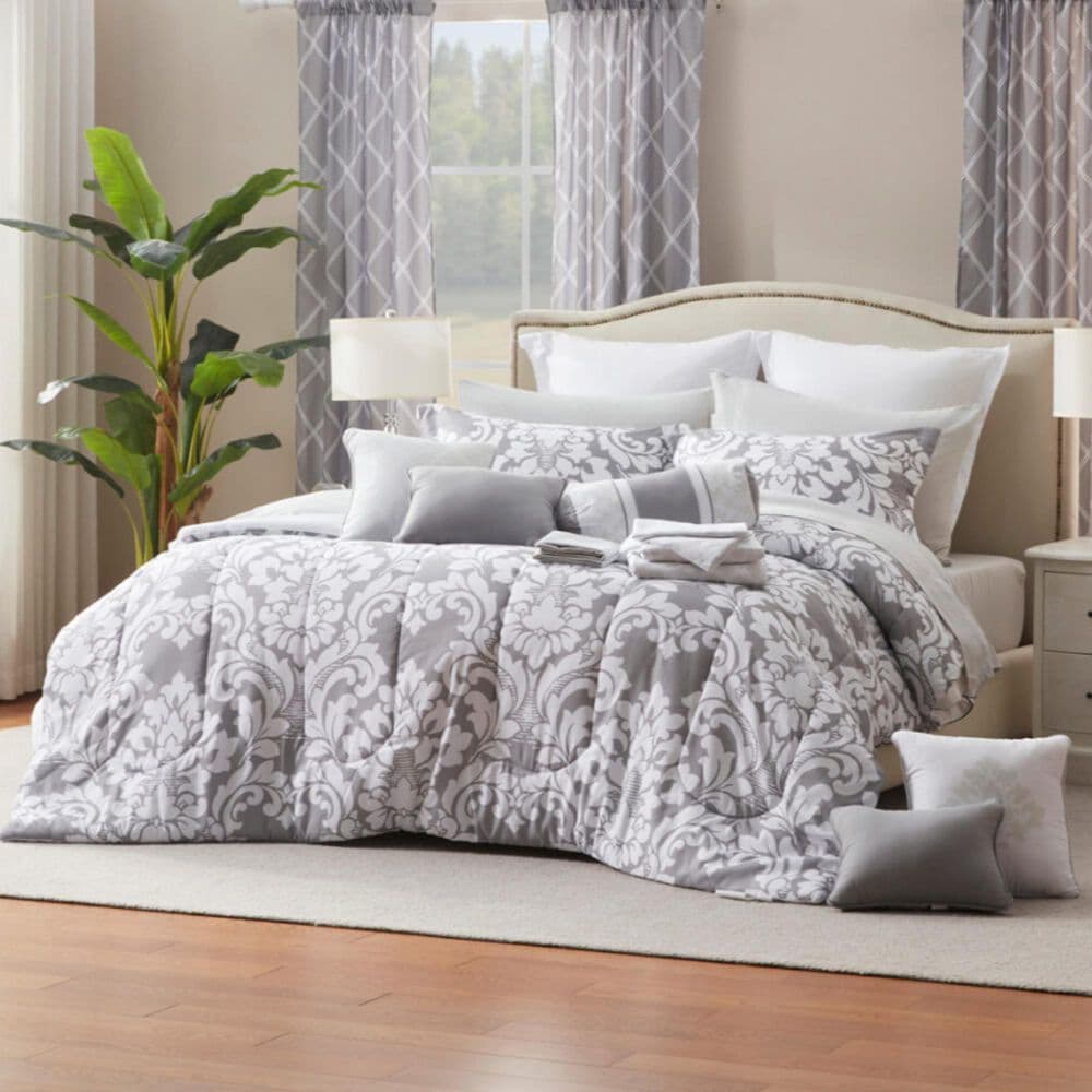 Jiangsu Royal Home Rosalia Damask 24-Piece Queen Bed-in-a-Bag Microfiber Comforter Set in Gray, , large