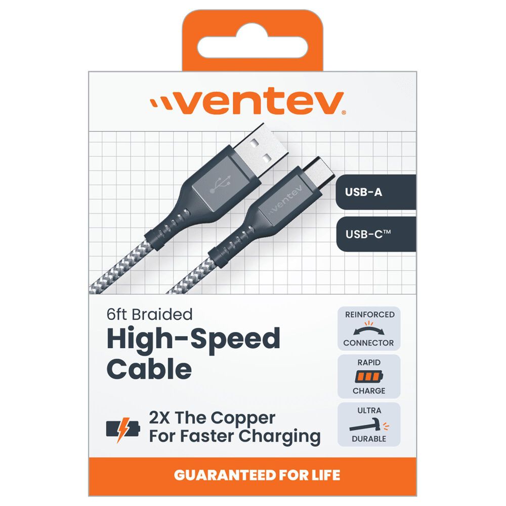 Ventev High Speed Usb A To Usb C Braided Cable With 2x The Copper For Faster Charging 6ft - Gray, , large