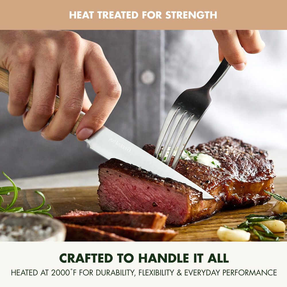 Green Pan Elite 8-Piece Steak Knife Set with Light-Wood Handles in Stainless Steel, , large