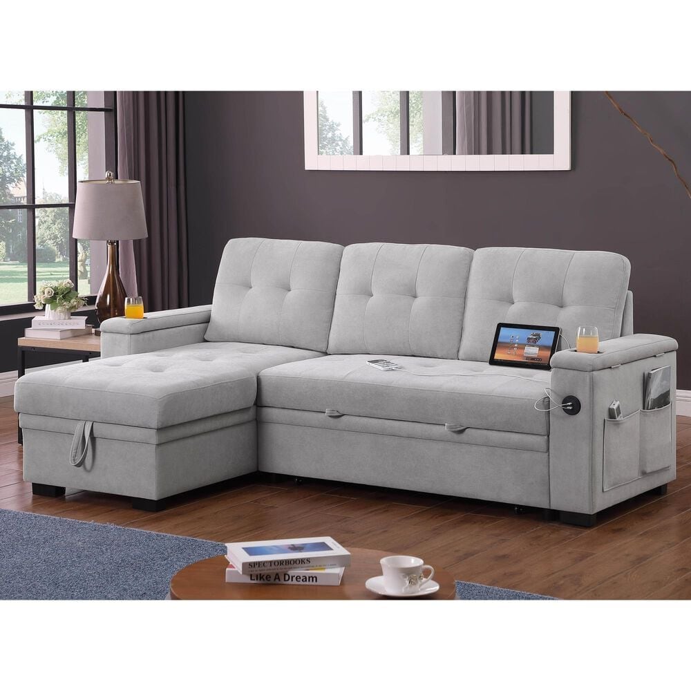 Lilola Home Ashlyn II 84&quot; Stationary Sleeper Sofa with Storage Chaise in Gray, , large