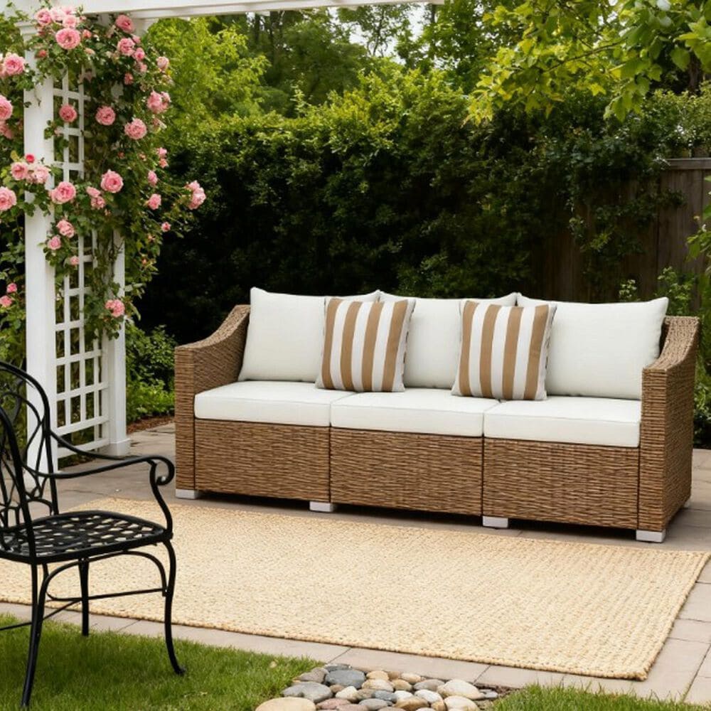 Hearth and Haven Outdoor Sofa with Cushions and Natural Wicker in Cream White, , large