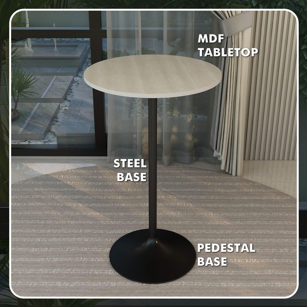 Leisuremod LeisureMod Verve Collection Modern Bar Height Table Black Base with 27 Round Light Natural Wood MDF Top, , large