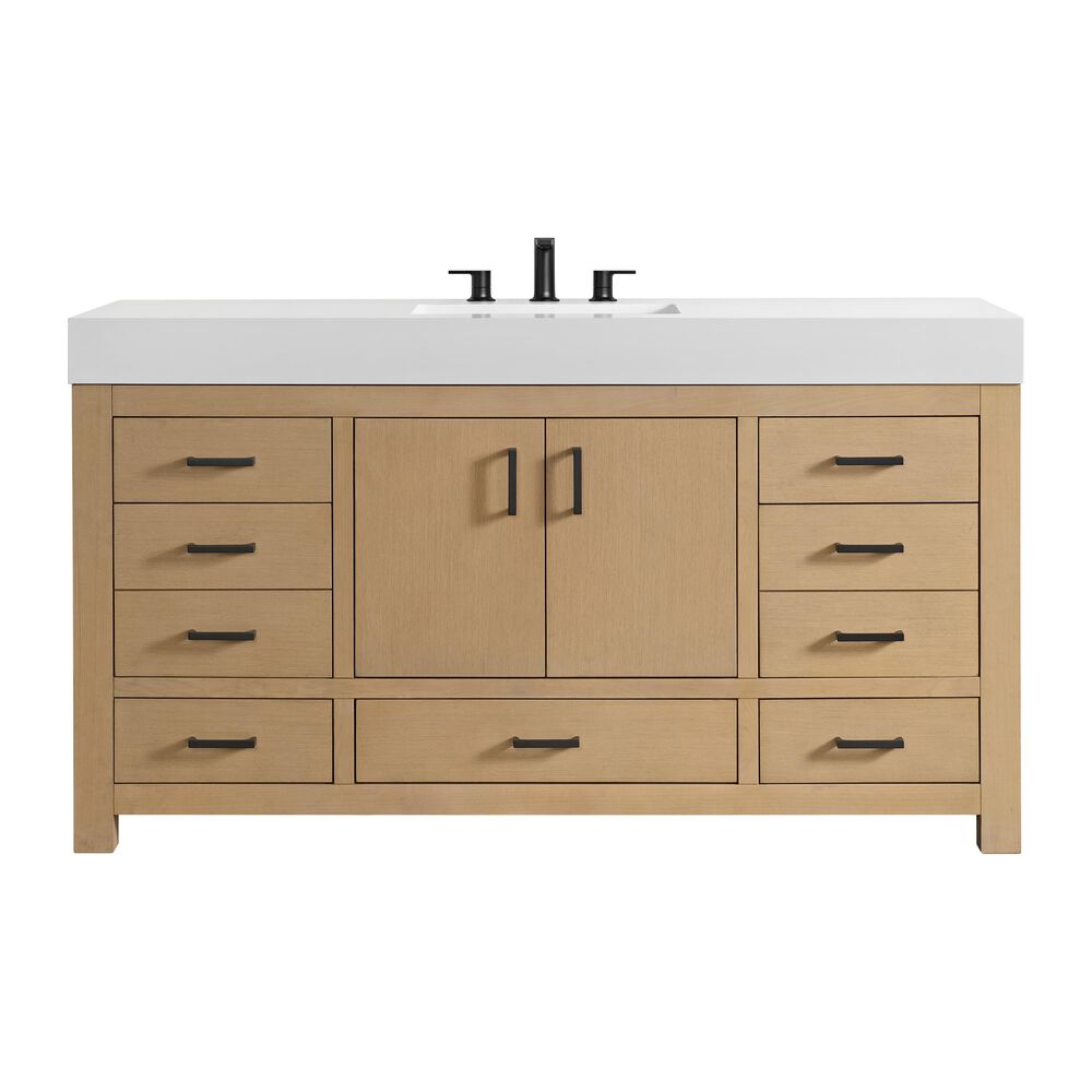 37B Alanya 60" Single Bathroom Vanity in Warm Oak with White Composite Stone Top, , large