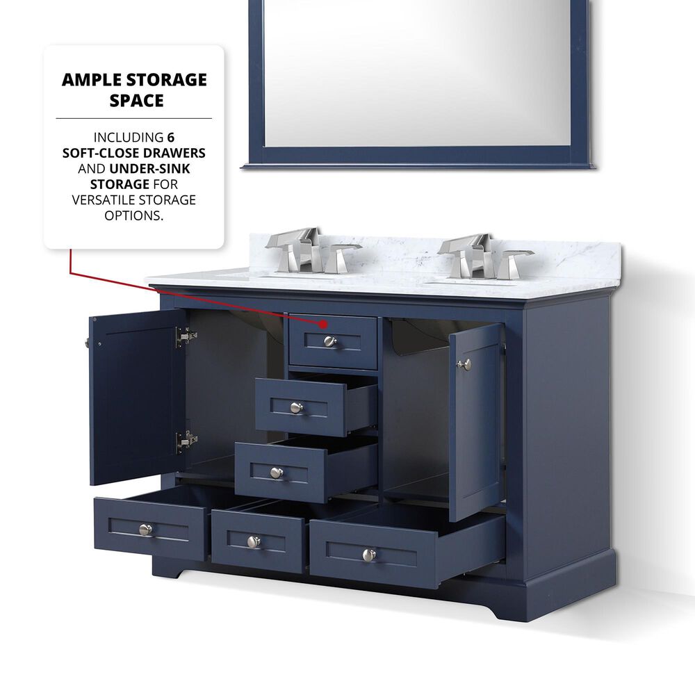 Lexora Home Dukes 48&quot; Double Bathroom Vanity in Navy Blue with 2 cm White Carrara Marble Top and Rectangular Sinks, , large