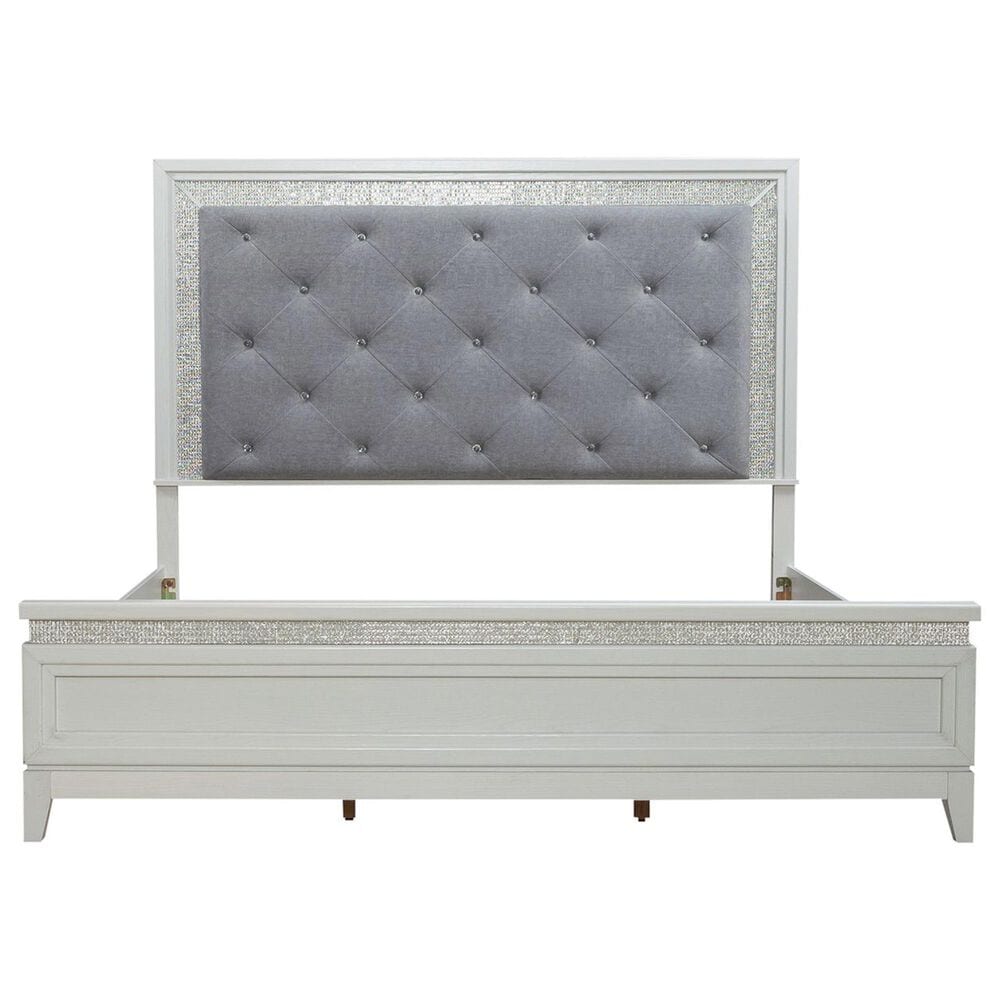 Belle Furnishings Reflections King Upholstered Bed with Two Nightstands in Pearl White and Rhinestone, , large