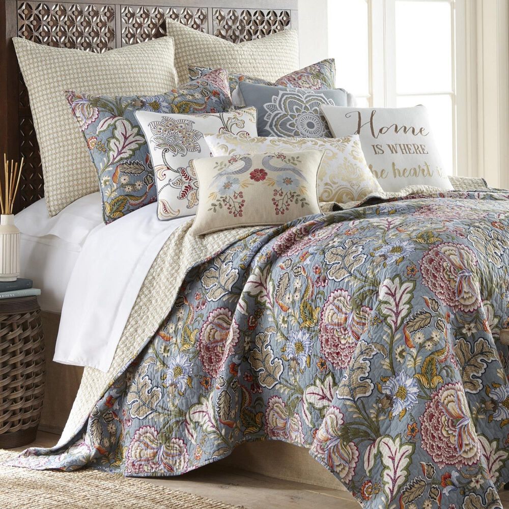 Levtex Angelica 3-Piece King Reversible Quilt Set in Greyish Blue, Taupe, Green, Blue, Burnt Orange and Maroon, , large