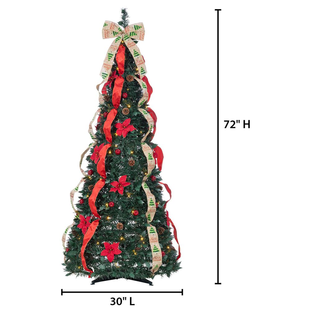 The Gerson Company 6&#39; Pop-Up Decorated Pine Tree with 100 UL Warm White LED Lights in Green, Red and Gold, , large
