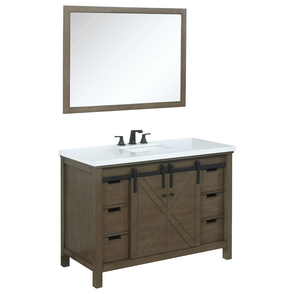 Lexora Home Marsyas 48" Single Bathroom Vanity in Rustic Brown with White Quartz Top, Rectangle Sink, Matte Black Faucet and Mirror, , large
