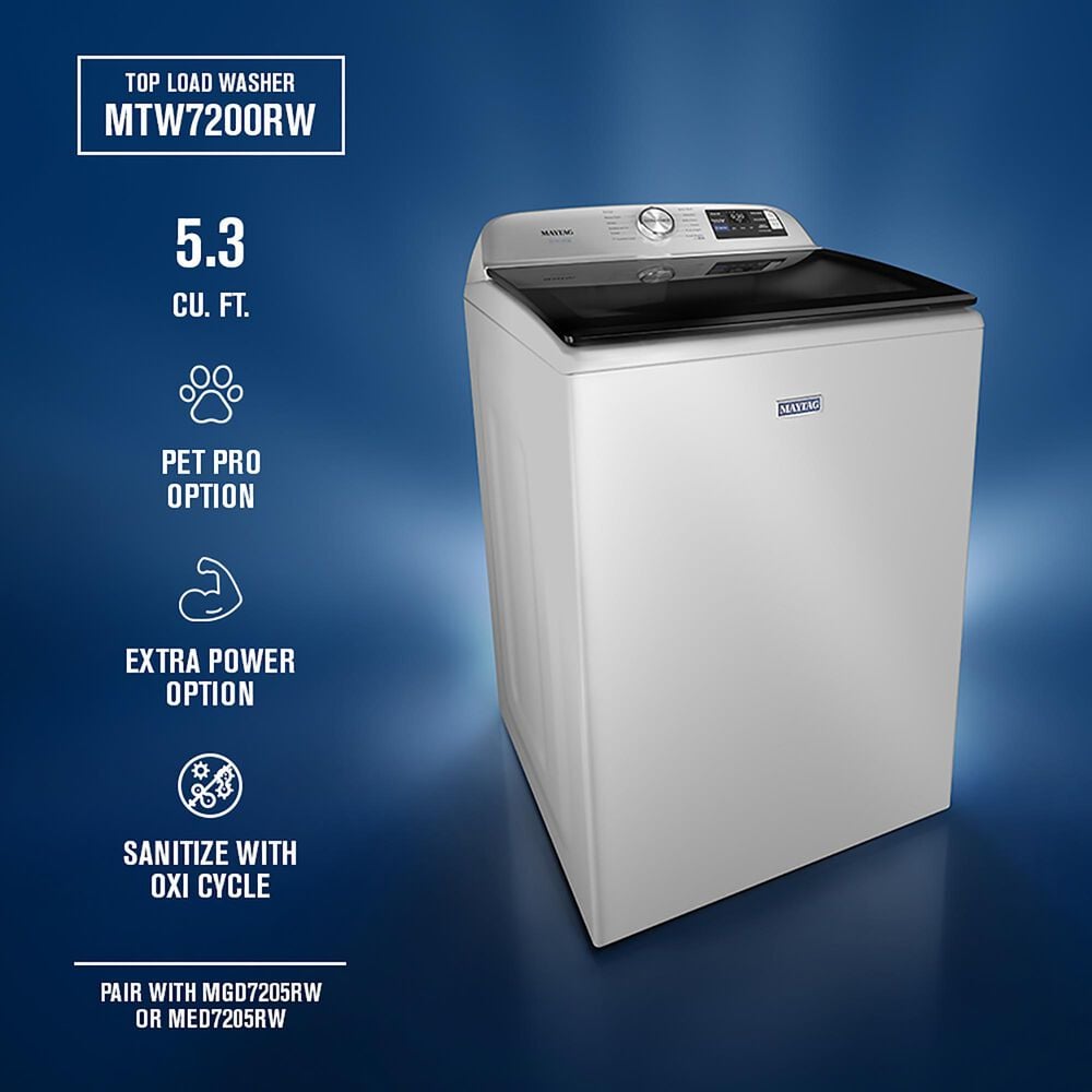 Maytag 5.3 Cu. Ft. Smart Pet Pro Top Load Impeller Washer and 7.4 Cu. Ft. Gas Smart Top Load Dryer Laundry Pair in White, , large