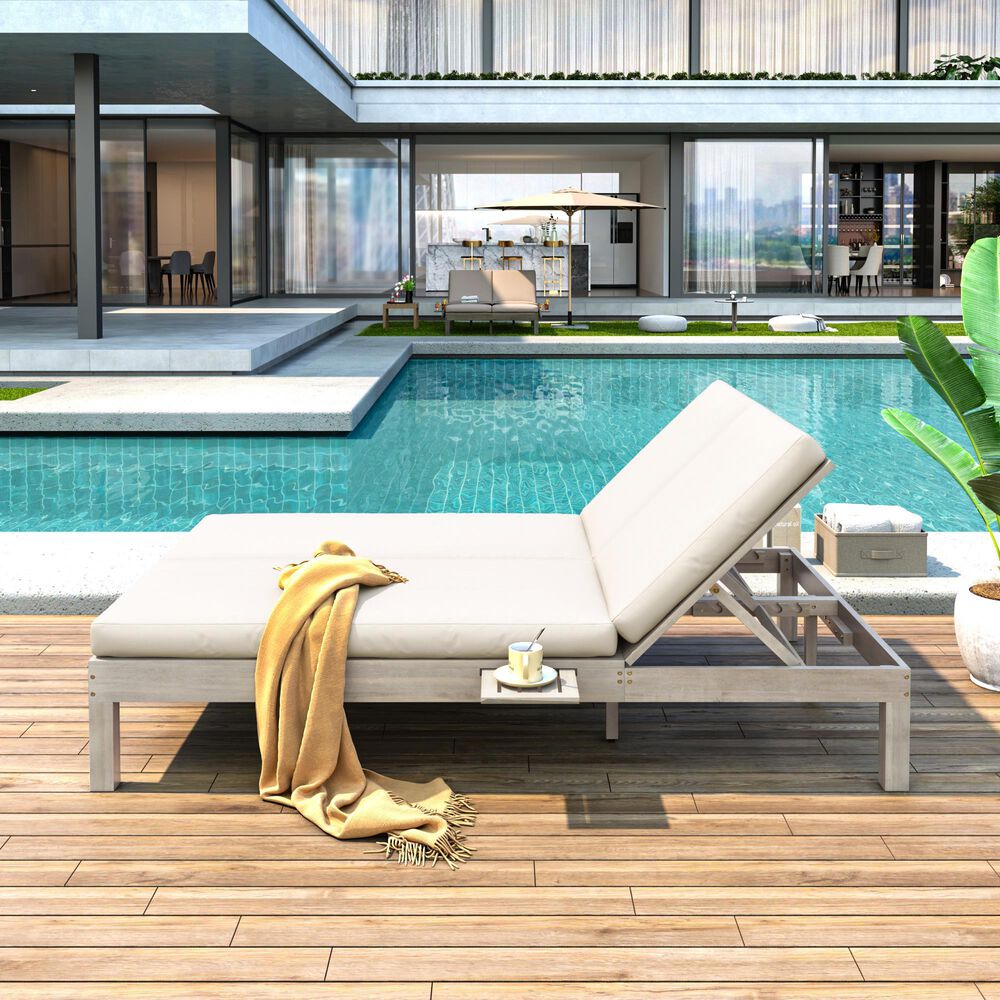 HOMLUX Patio 2-Person Chaise Lounge with Folding Side Tables and Gray Frame in Beige, , large