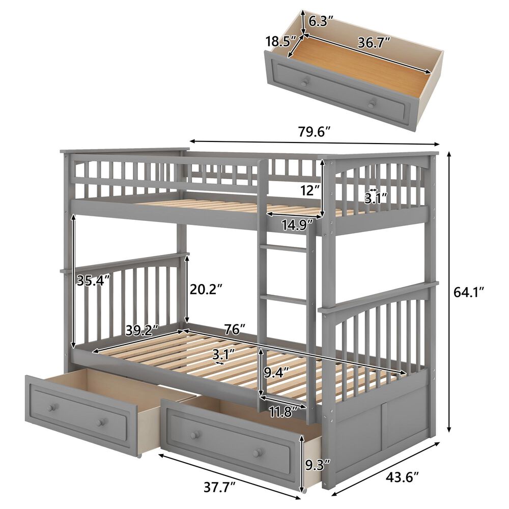Hearth and Haven Twin over Twin Convertible Bunk Bed with Drawers in Gray, , large