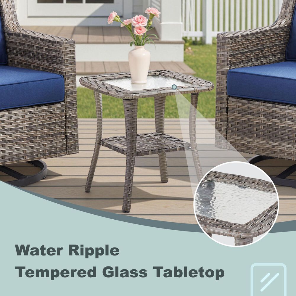 Hearth and Haven 3-Piece Outdoor Wicker Swivel Chair Set with 19" Side Table in Blue, , large