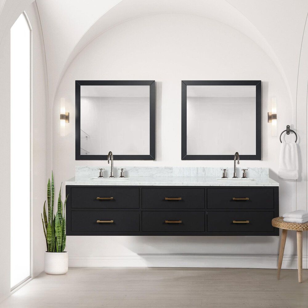 Lexora Home Castor 80&quot; Double Bathroom Vanity in Blue with 2 cm White Carrara Marble Top, Rectangular Sinks and 36&quot; Mirrors, , large