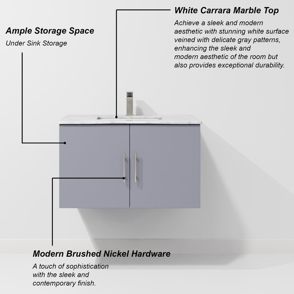 Lexora Home Geneva 30" Single Bathroom Vanity in Dark Grey with 2 cm White Carrara Marble Top and Rectangular Sink, , large