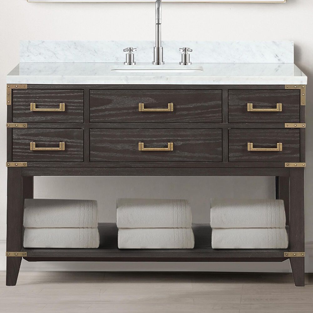 Lexora Home Norwalk 48&quot; Single Bathroom Vanity in Brown Oak with White Carrara Marble Top  and Rectangle Sink, , large