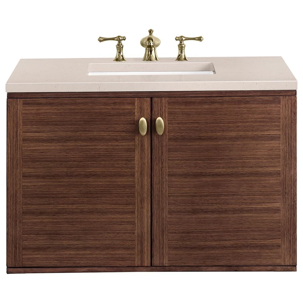 James Martin Vanities Amberly 36&quot; Single Bathroom Vanity in Walnut with 3 cm Eternal Marfil Quartz Top and Rectangular Sink, , large
