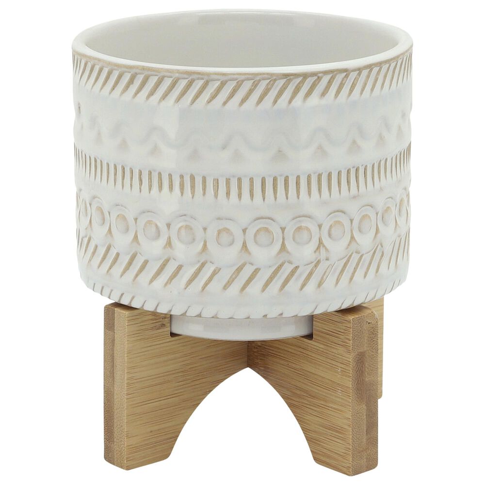 Sagebrook Home 5" Tribal Planter with Stand in Ivory and Beige, , large