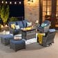HOMLUX 7-Piece Patio Set with 42 Inch Fire Pit Table, Outdoor Wicker Sofa and Swivel Rocking Chairs, Grey Rattan in Denim Blue, , large