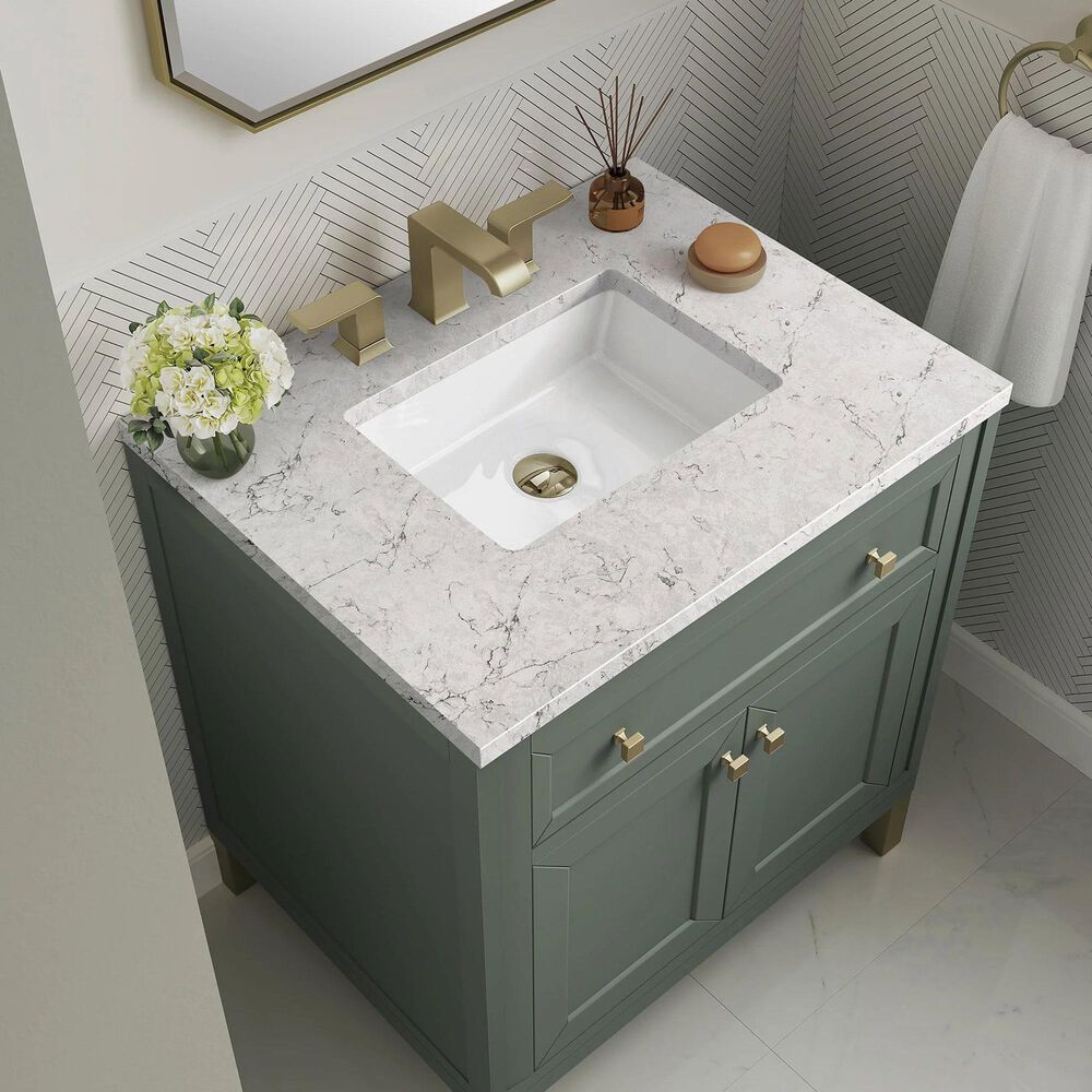 James Martin Vanities Chicago 30&quot; Single Bathroom Vanity in Smokey Celadon with 3 cm Eternal Jasmine Pearl Quartz Top and Rectangular Sink, , large