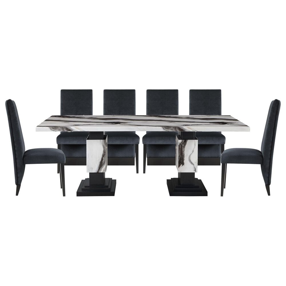 Global Furniture USA Faux Marble Pedestal Dining Table and 6 Chairs in Black, , large