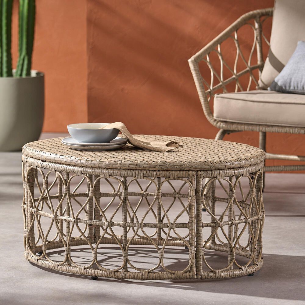 Hearth and Haven Bruce Outdoor Round Wicker Coffee Table with Open Lattice Design in Brown, , large