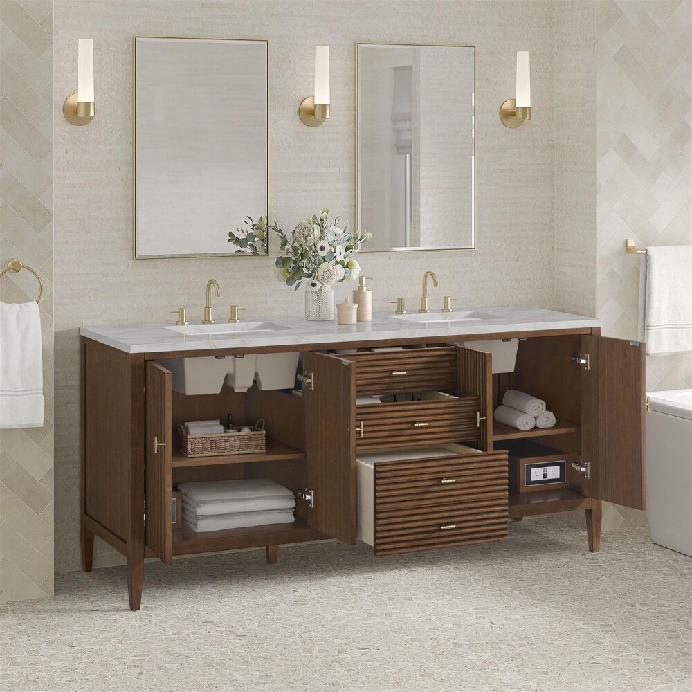 James Martin Vanities Myrrin 72" Double Bathroom Vanity in Mid-Century Walnut with 3 cm Eternal Jasmine Pearl Silestone Top, Rectangular Sinks and FreePower Wireless Charger, , large