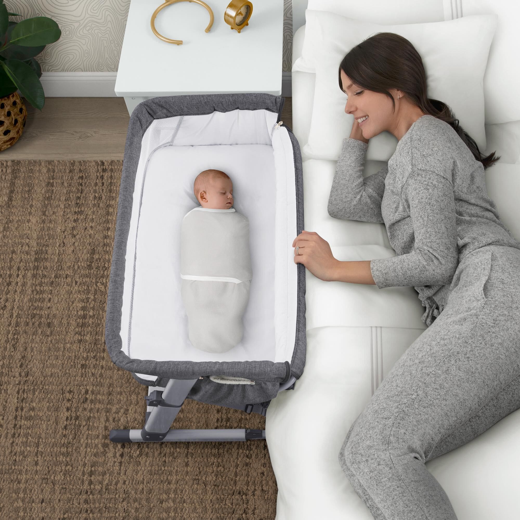Delta Simmons Kids Dream Bedside Baby Bassinet in Grey Tweed NFM