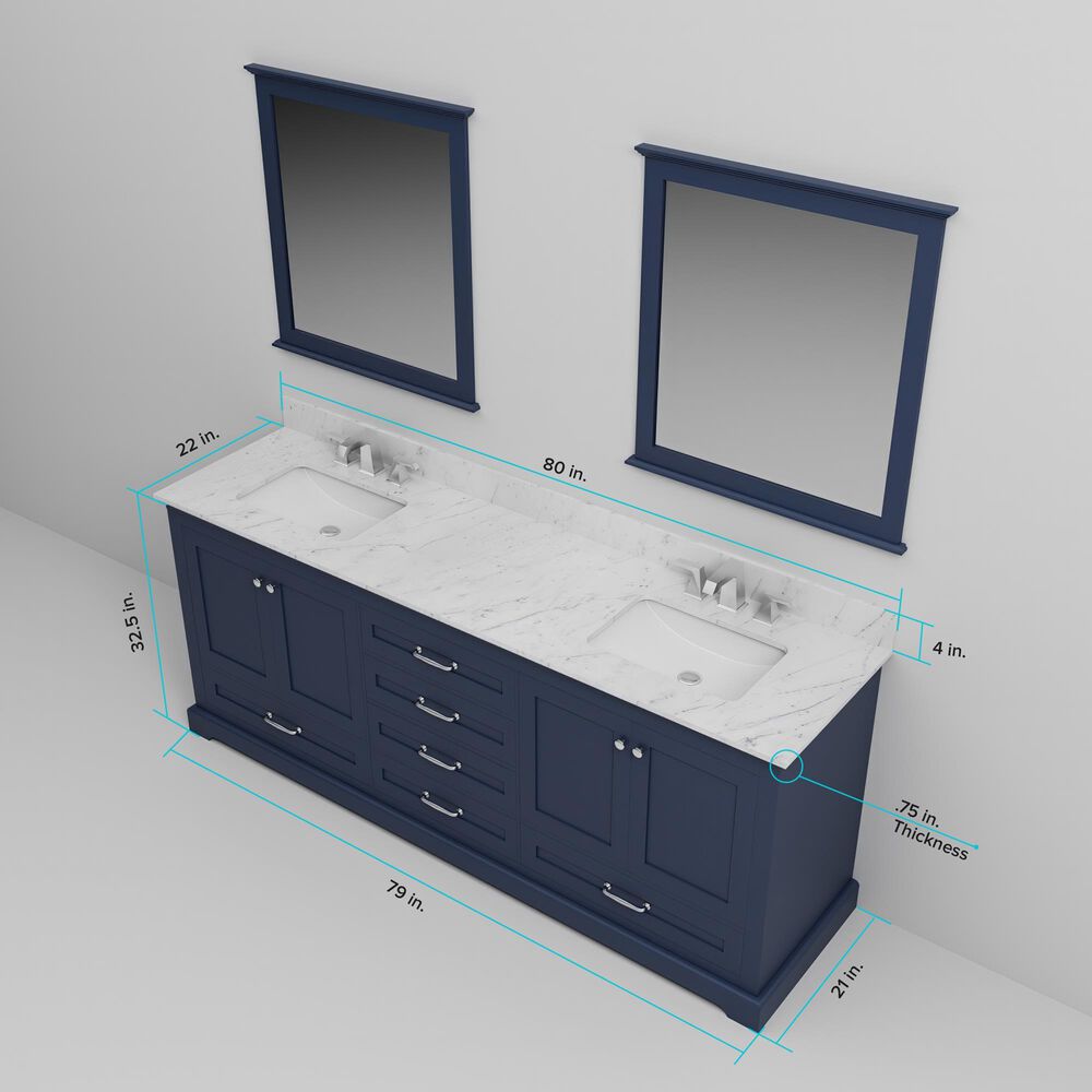 Lexora Home Dukes 80&quot; Double Bathroom Vanity in Navy Blue with 2 cm White Carrara Marble Top and Rectangular Sinks, , large