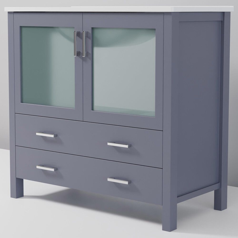 Lexora Home Volez 36&quot; Single Bathroom Vanity in Dark Grey with 2 cm White Ceramic Top and Rectangular Sink, , large