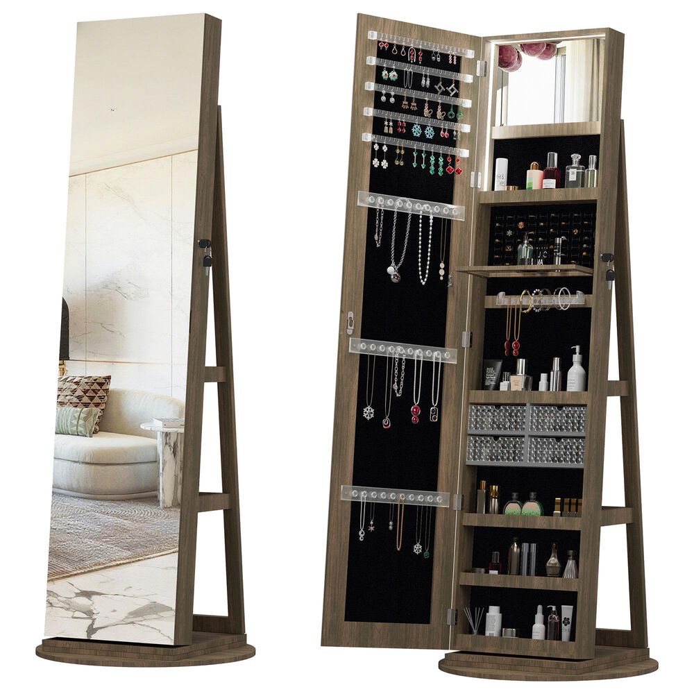 GigaCloud Swivel Jewelry Cabinet with Full Length Mirror and Locking Mechanism in Brown, , large