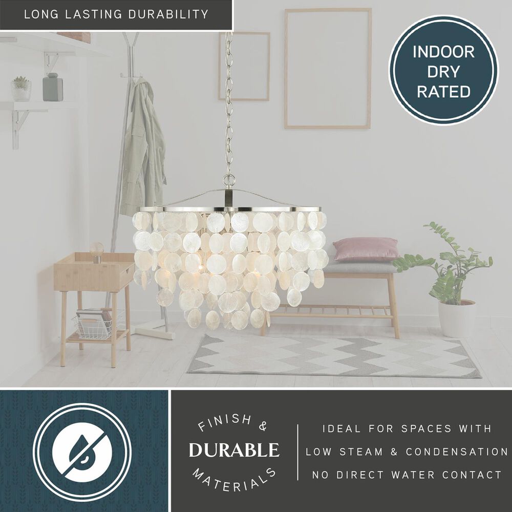 Vaxcel Lighting Elsa 3-Light Coastal Capiz Shell Waterfall Pendant in Satin Nickel, , large