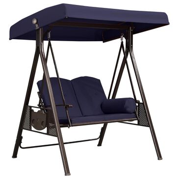 HOMLUX 2-Seat Outdoor Porch Swing with Adjustable Tilt Canopy and Foldable Tray in Navy Blue, , large